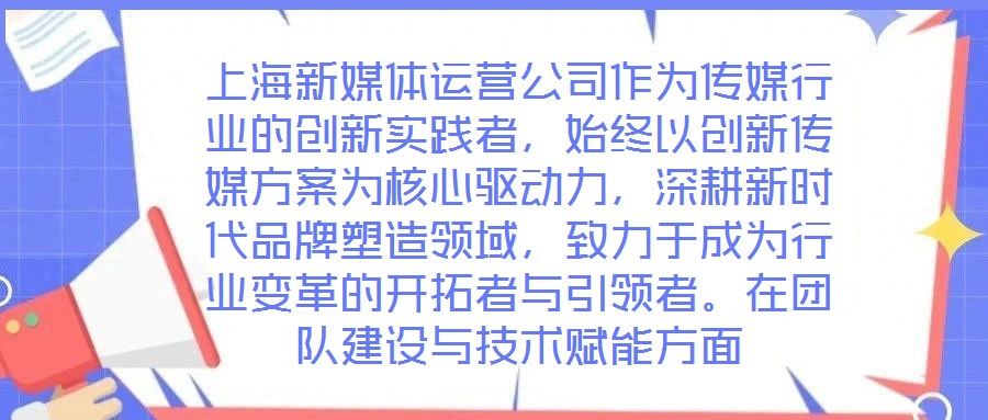 上海新媒體運營公司作為傳媒行業(yè)的創(chuàng)新實踐者，始終以創(chuàng)新傳媒方案為核心驅(qū)動力，深耕新時代品牌塑造領(lǐng)域，致力于成為行業(yè)變革的開拓者與引領(lǐng)者。在團隊建設(shè)與技術(shù)賦能方面