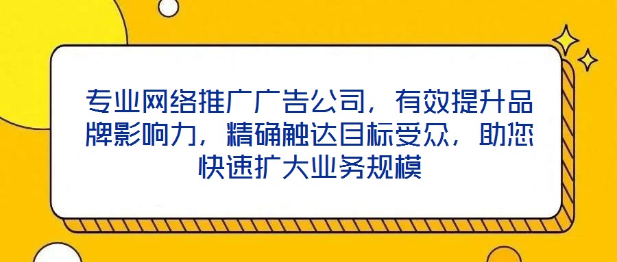 專業(yè)網(wǎng)絡(luò)推廣廣告公司，有效提升品牌影響力，精確觸達(dá)目標(biāo)受眾，助您快速擴(kuò)大業(yè)務(wù)規(guī)模